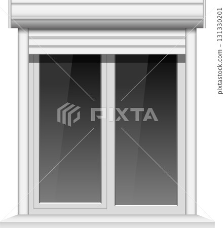 A modern white window with a partially rolled-down shutter providing shade and privacy. A modern white window with a partially rolled-down shutter providing shade and privacy. 131330201