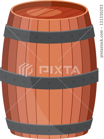 A sturdy wooden barrel with metal hoops, suitable for storage and rustic decor, cartoon style. 131330203