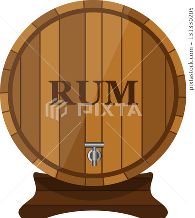 A wooden barrel with the word "rum" printed on the side and a spout for dispensing the liquid. 131330205