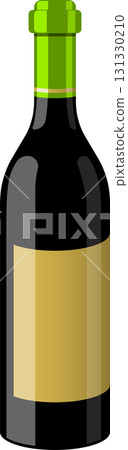 Stylized vector of a dark bottle with a golden label and green stopper isolated on black. 131330210