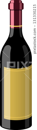 An illustration of a dark glass bottle with a burgundy stopper and a golden label on black. 131330215
