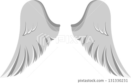 A pair of symmetrical, illustrated wings, with a light grey coloration, set against darkness. 131330231