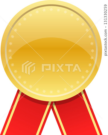 Gold medal with a red ribbon, often used to symbolize a victory, achievement, or recognition. 131330259