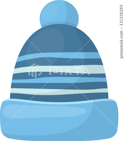 Blue winter hat with white and light blue stripes and a pompom on top perfect for cold days. 131330265