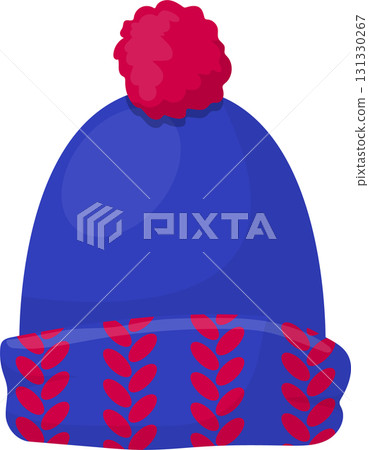Winter hat in blue with red accents and a pom-pom on top, perfect for cold weather gear. 131330267