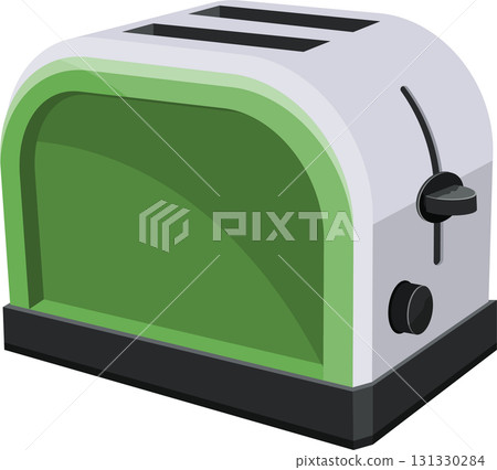 Retro-styled, two-slice toaster with green and gray panels sits on a black base, angled view. Retro-styled, two-slice toaster with green and gray panels sits on a black base, angled view. 131330284