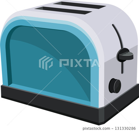 A stylized toaster with a light blue front and white side, sitting on a black base. A stylized toaster with a light blue front and white side, sitting on a black base. 131330286
