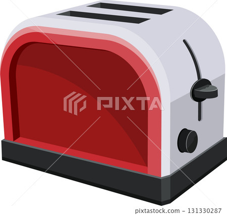 A red and gray toaster for toasting bread and pastries, a kitchen staple for breakfast. A red and gray toaster for toasting bread and pastries, a kitchen staple for breakfast. 131330287