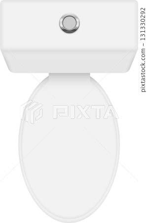 A top-down view of a pristine white toilet with a flush button against a dark background. A top-down view of a pristine white toilet with a flush button against a dark background. 131330292