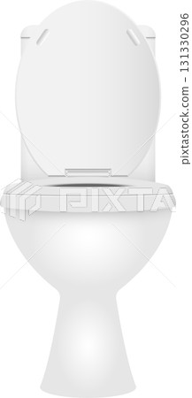 A front view of a white toilet bowl with the seat and lid partially open in a simple design. A front view of a white toilet bowl with the seat and lid partially open in a simple design. 131330296