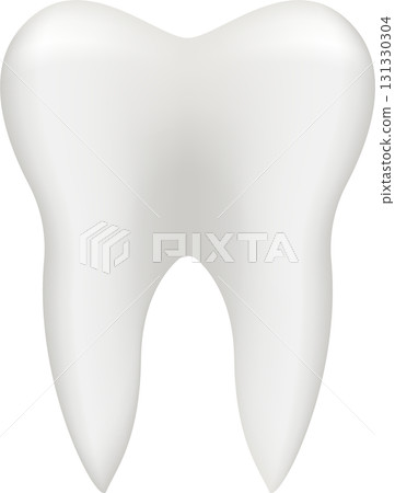 A shiny, healthy molar tooth presented with a white and smooth surface against a black background. 131330304