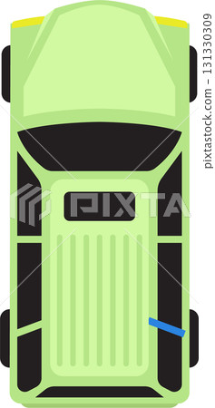 Overhead shot of a light green vehicle with yellow windshield and rear, blue handle on a door. 131330309