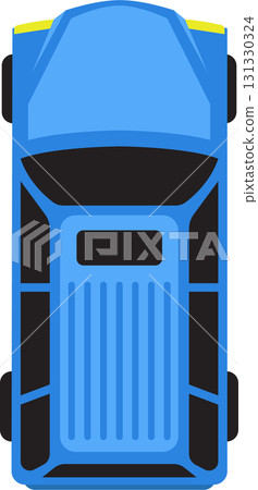 Overhead view of a blue vehicle featuring a distinct roof design and blacked-out windows. 131330324