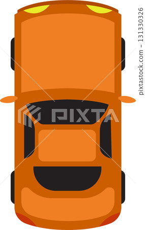 Overhead shot of an orange vehicle with black tinted windows and tires shown in a flat design. Overhead shot of an orange vehicle with black tinted windows and tires shown in a flat design. 131330326