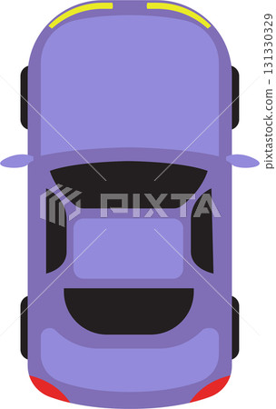 Overhead view of a stylized purple car with yellow accents, emphasizing its streamlined design. 131330329