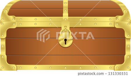 Illustration of a wooden treasure chest with golden metal hinges, corners, and a center lock. Illustration of a wooden treasure chest with golden metal hinges, corners, and a center lock. 131330331
