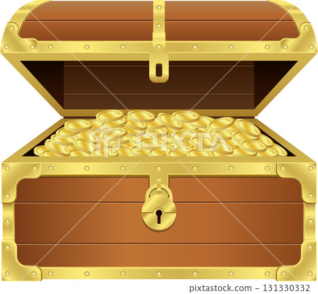 Wooden treasure chest overflowing with glistening gold coins, secured with a golden lock. 131330332