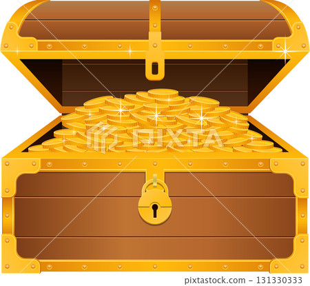 A wooden chest overflowing with gold coins, secured with a golden lock. Riches await discovery! 131330333