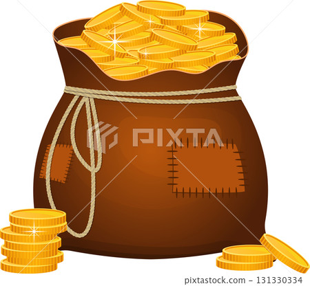 Overflowing sack of golden coins, stacks nearby, against black background. Cartoonish illustration. 131330334