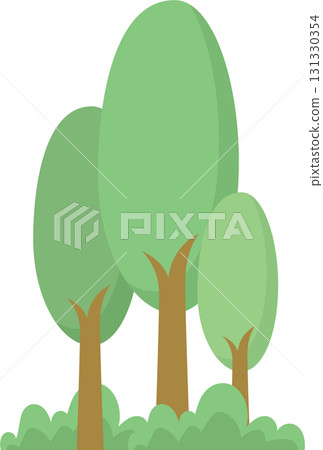 Stylized illustration of three green trees with brown trunks and a patch of light green shrubs. Stylized illustration of three green trees with brown trunks and a patch of light green shrubs. 131330354