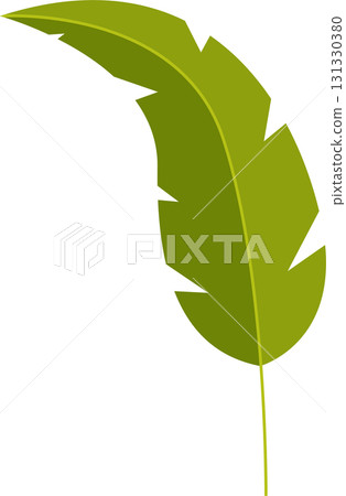 A stylized, bright green leaf with jagged edges set against a stark black background. 131330380