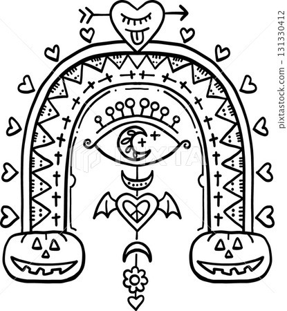 halloween illustration illustrated arch background with symbols and hearts. in doodle line style halloween illustration illustrated arch background with symbols and hearts. in doodle line style 131330412