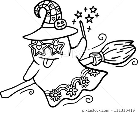 halloween illustration Cheerful ghost in witch hat with broomstick in doodle line style 131330419