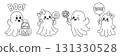 Cute Halloween Ghosts Coloring Page Vector Set. Happy ghosts with candy, pumpkin basket and balloon. Perfect for printable coloring pages, educational materials, children's books, Halloween activities 131330528