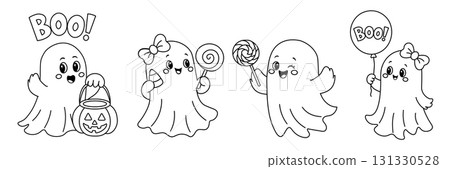 Cute Halloween Ghosts Coloring Page Vector Set. Happy ghosts with candy, pumpkin basket and balloon. Perfect for printable coloring pages, educational materials, children's books, Halloween activities Cute Halloween Ghosts Coloring Page Vector Set. Happy ghosts with candy, pumpkin basket and balloon. Perfect for printable coloring pages, educational materials, children's books, Halloween activities 131330528