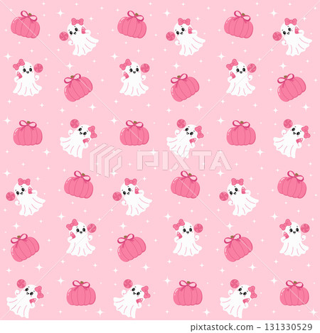 Cute Pink Halloween Seamless Pattern with Kawaii Ghosts and Pumpkins on soft pink background with sparkles. Ideal for children's products, textiles, packaging, and decorative materials for Halloween 131330529
