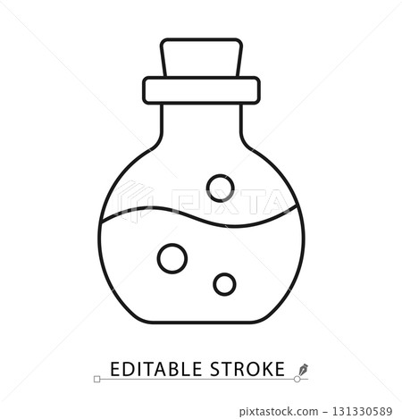 A magic potion bottle icon in a minimalist style with editable stroke. Alchemy elixir, fantasy poison flask, witchcraft liquid, chemistry lab equipment, wizardry brew, game item symbol. 131330589