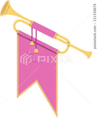 Golden fanfare trumpet with a pink banner, hanging tassels, and celebratory royal aesthetic. 131330679