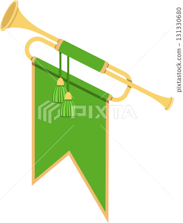 Golden ceremonial trumpet with a green banner and tassels, isolated on a black background. 131330680