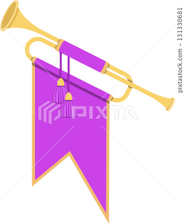 Heraldic trumpet with hanging purple banner and tassels, decorative celebratory illustration Heraldic trumpet with hanging purple banner and tassels, decorative celebratory illustration 131330681