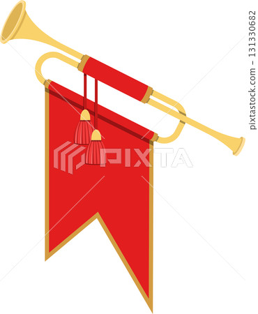 Ornate golden herald trumpet with a red banner and tassels, against a stark black backdrop. Ornate golden herald trumpet with a red banner and tassels, against a stark black backdrop. 131330682