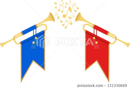 Musical fanfare with trumpets, banners, and notes evokes celebration and announcement mood. 131330689