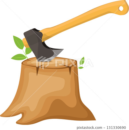 Axe stuck in a tree stump, with small green leaves sprouting from the side of the stump. 131330690