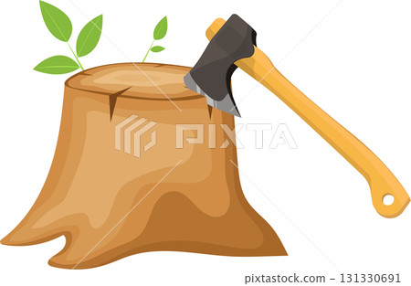 A tree stump with an axe stuck in it and two leafy sprouts growing on top of the stump. A tree stump with an axe stuck in it and two leafy sprouts growing on top of the stump. 131330691