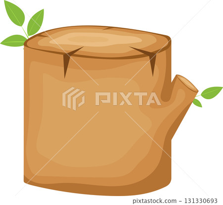 A cartoon tree stump with two small green leafy branches against a black background. Cute nature. 131330693