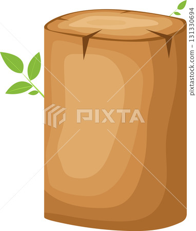 A whimsical cartoon illustration featuring a charming tree stump with sprouting green leaves. 131330694