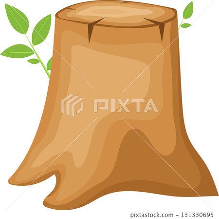 Cartoon illustration of a brown tree stump with small green leafy plants regrowing. 131330695