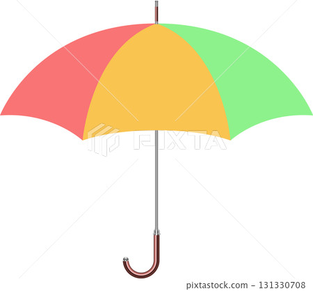 Colorful umbrella with alternating panels of red, yellow and green, black background, rain gear 131330708