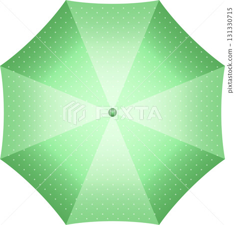 Overhead view of a light green umbrella with white polka dots and segmented panels design. 131330715