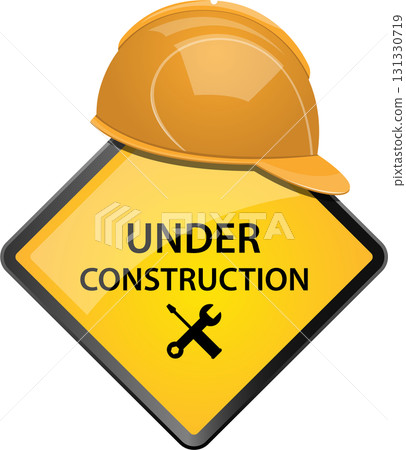 A construction site warning sign, with a hard hat, informs viewers of nearby construction. 131330719