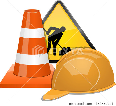 Roadworks ahead: Traffic cone, safety sign, and hard hat indicate construction or repair work. 131330721