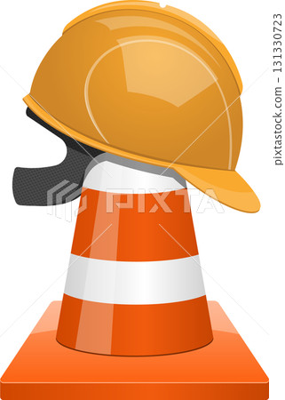 An orange hard hat rests atop a traffic cone, representing safety and construction awareness. 131330723