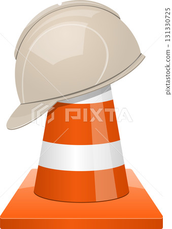 Safety First: A hard hat rests atop a traffic cone, symbolizing workplace caution and preparedness. 131330725