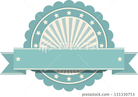 Retro seal with scalloped edges, stars, light rays, and banner for customizable message. 131330753