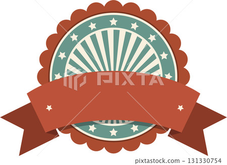 Retro badge with rays, stars, and a ribbon for adding personalized text and creative messages Retro badge with rays, stars, and a ribbon for adding personalized text and creative messages 131330754