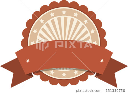 Vintage style seal or label with stars, sunburst pattern, scalloped edge, and blank banner. 131330758